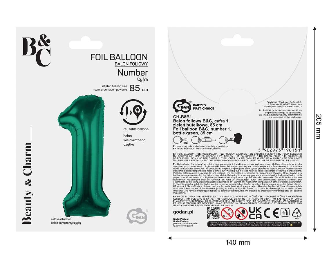Balon foliowy B&C, cyfra 1, zieleń butelkowa, 85 cm